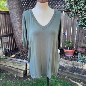 MTS Green V Neck Rollup Sleeves Casual Pullover Tunic Blouse Top Size Large